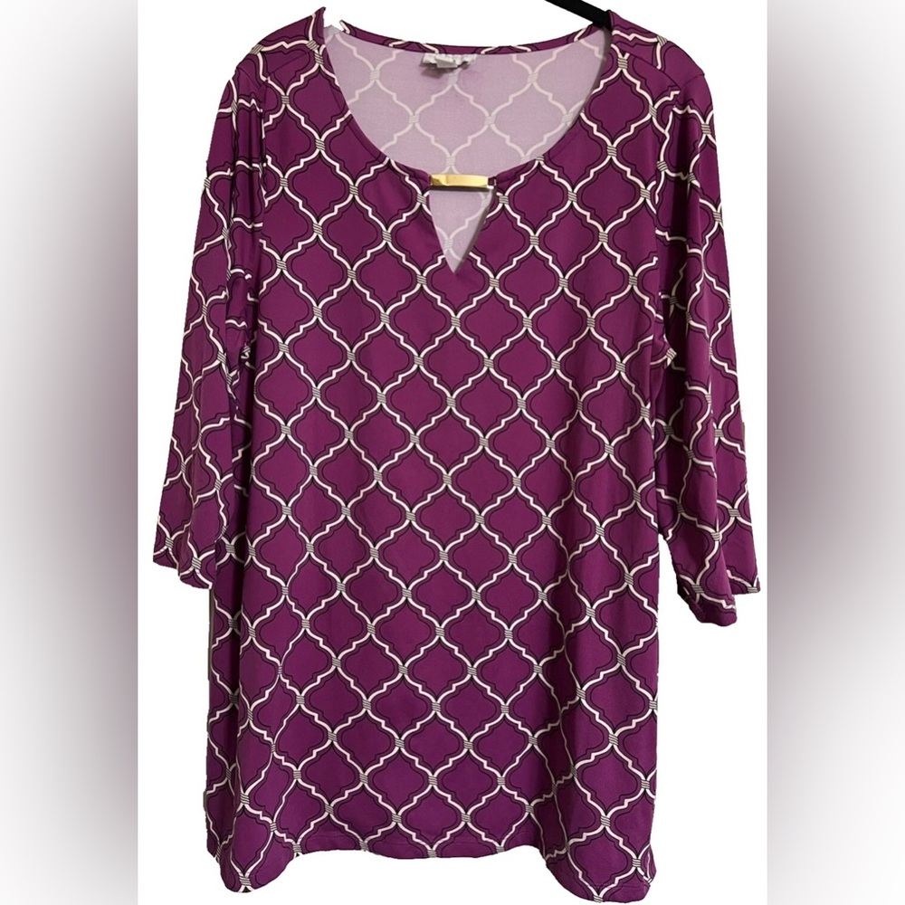 Charter Club Size OX Purple Keyhole 3/4 Sleeve Lattice Tunic Top